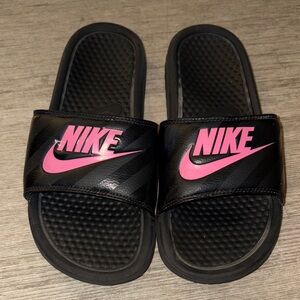 Nike Black Slides with Pink Logo
